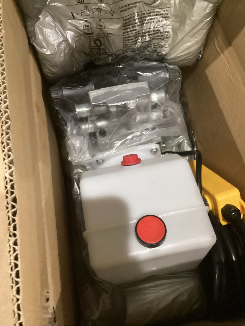 Condition photo showing As Is for (similar to not exact)lippert hydraulic power unit with 2qt pump reservoir kit - 141111, white,black (cap color may vary)