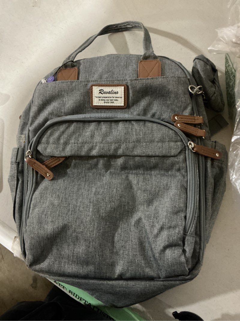 Condition photo showing Good Condition for ruvalino diaper bag backpack-multifunction travel baby diaper bag with changing pad, insulated bottle holders & pacifier case, large capacity, waterproof, gray austere gray polyester