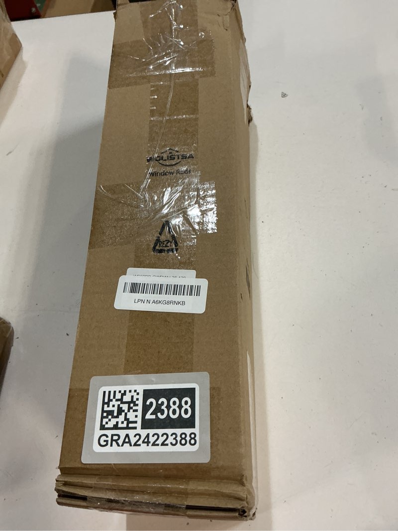 Condition photo showing New/Like New for Double Curtain Rod, Boho Wood Decorative Long Dual Curtain Rods for Windows 84 to 120 Inch, 1" Adjustable Heavy Duty Double Rod, Handmade Imitation Weathered Wood Grain Leaf Finial Design Weathered Wood 36"-120"