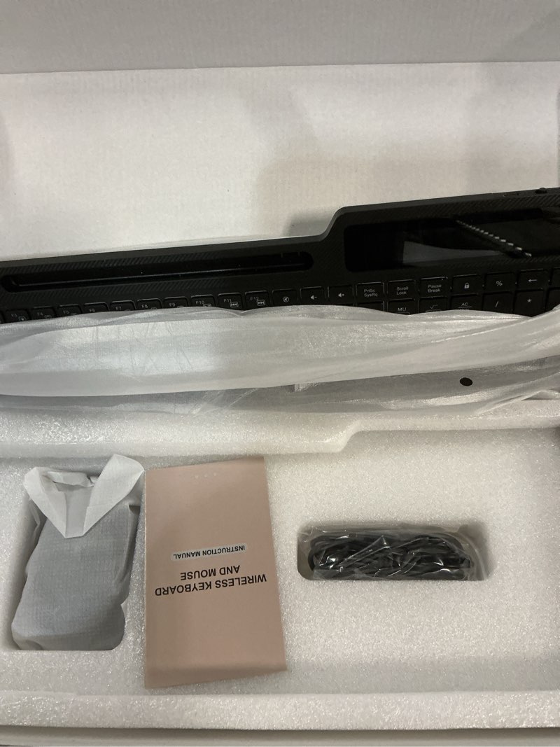 Condition photo showing New/Like New for wireless keyboard mouse combo, full size ergonomic keyboard with backlit, wrist rest, calculator, phone holder, 2.4ghz silent cordless rechargeable keyboard & mouse for laptop, pc, windows, mac os carbon black