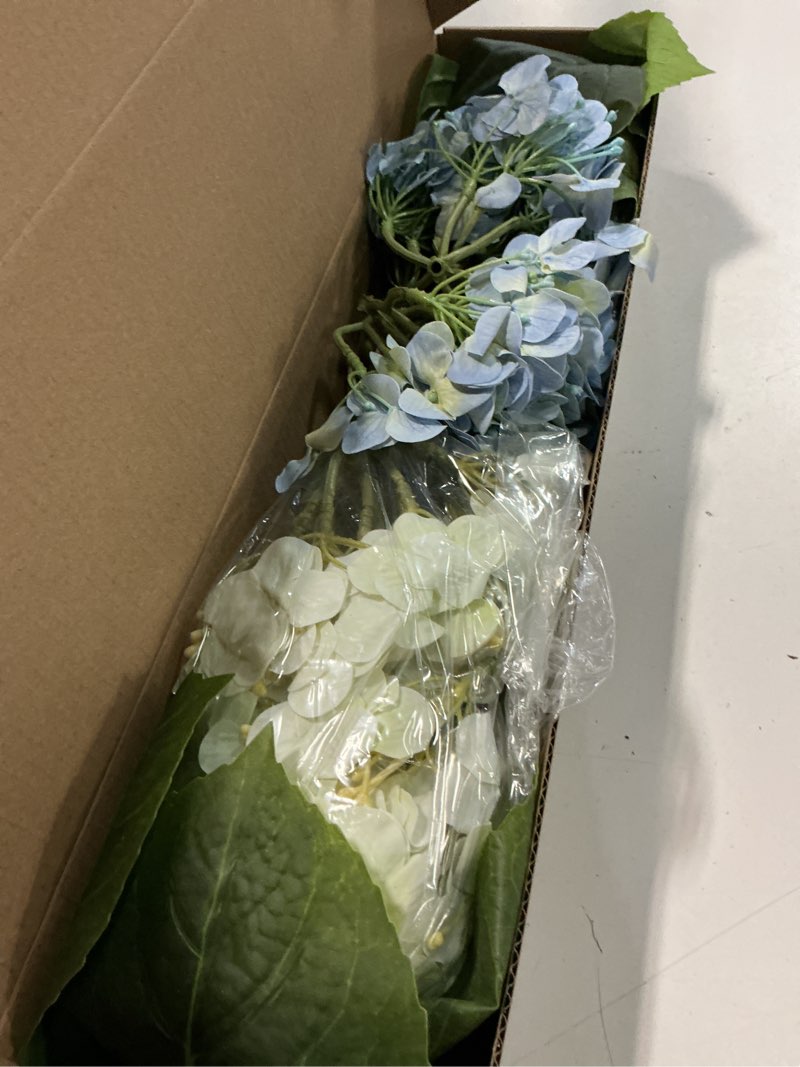 Condition photo showing Good Condition for 4 pcs 20'' real touch hydrangeas 2 white 2 light blue artificial hydrangeas flowers faux latex hydrangea for kitchen living room porch home decor baby shower party wedding table centerpiece light blue/white