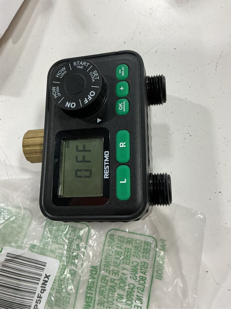Condition photo showing As Is for restmo 2-zone programmable sprinkler timer for outdoor hose faucet | large dial, rain delay & 11h59m max run time with brass inlet, automatic irrigation for garden soaker hose & lawn watering 2 zone (1 pack)