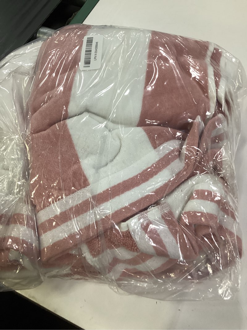 Condition photo showing Good Condition for great bay home 100% cotton velour 4 pack beach towels 30" x 60" - cabana stripe pool towels - quick dry, large swim towel (dusty rose/white) 4 pack- 30" x 60" dusty rose / white