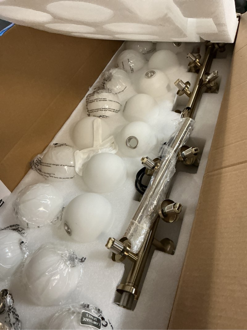 Condition photo showing Good Condition for gold dining room chandelier over table mid century modern chandelier white glass globe lampshade linear pendant lighting fixture for living room dining table 16 lights