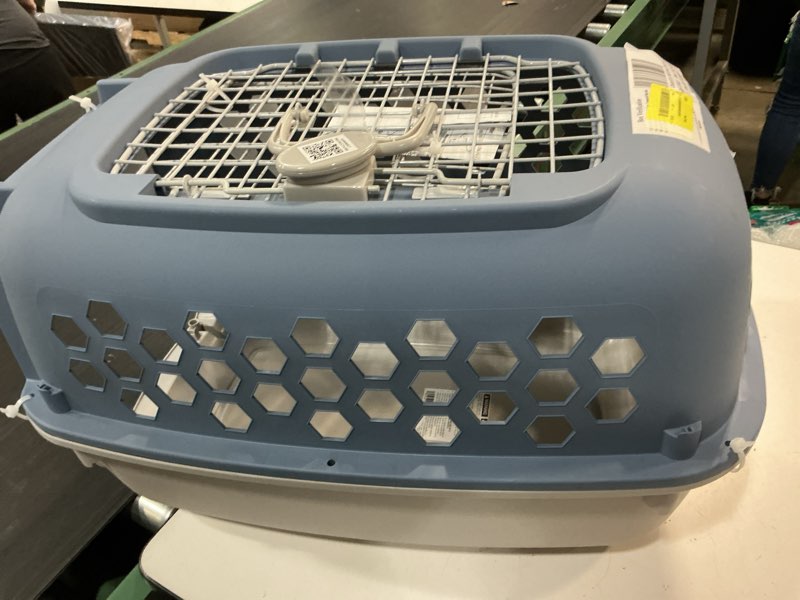 Condition photo showing As Is for ( incomplete ) vibrant life kennel for dogs & cats, durable plastic, two door openings, blue, maximum pet weight 30 lbs, 24\" l x 16.5\" w x 14.5\"h