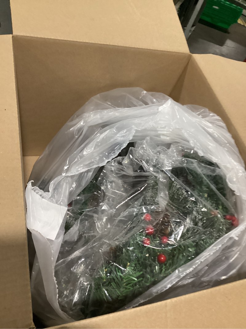 Condition photo showing New/Like New for Pre-Lit Artificial Christmas Wreath 24Inch, 2 Modes Christmas Door Decorations Wreath with 36LED Warm Lights, Red Berries, Big Pine Cones, Lifelike Leaves and Timer for Indoor or Outdoor Xmas