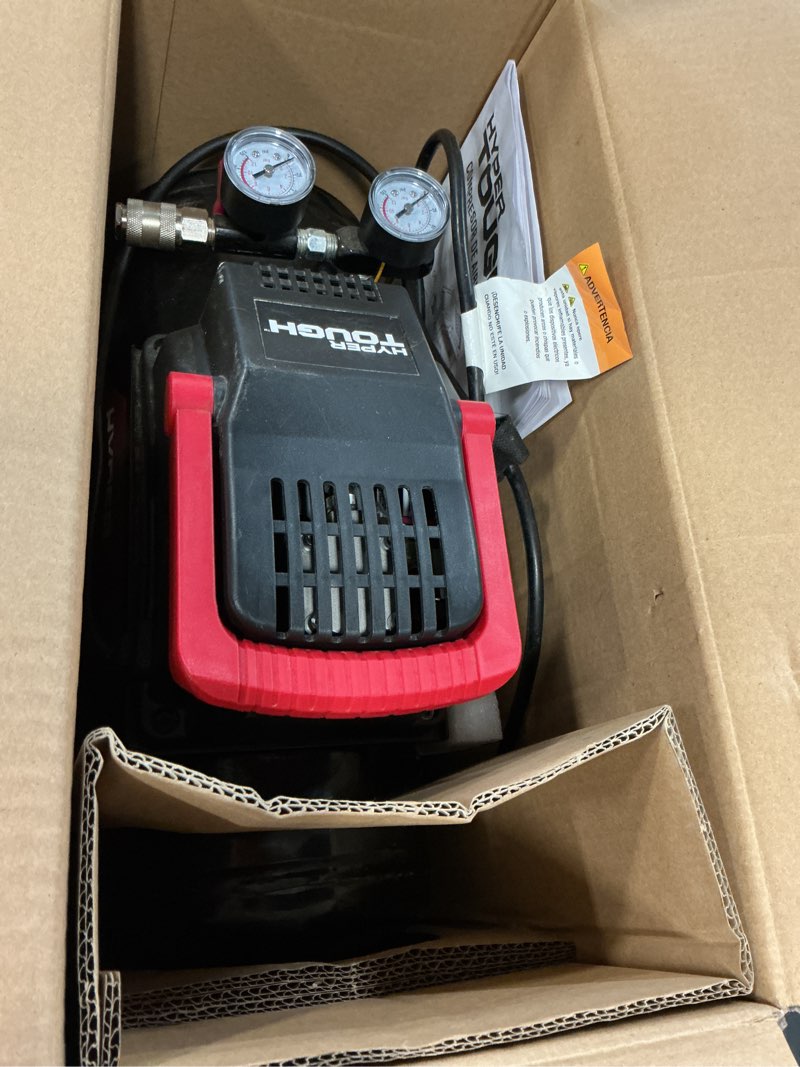 Condition photo showing As Is for hyper tough 3-gallon oil-free portable air compressor 110 psi