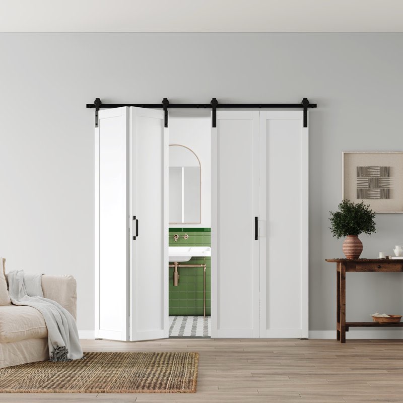 1 Lite White MDF Manufacture Wood Folding Barn Door With Hardware Kit Interior Bifold Door (2 Panels Only)