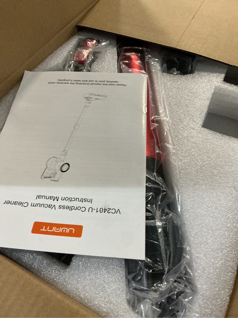 Condition photo showing New/Like New for uwant cordless vacuum cleaner 35kpa powerful suction wide green headlight vacuum cleaner for home pet hair anti-tangle hepa lightweight handheld vacuum for carpet hard floors red black
