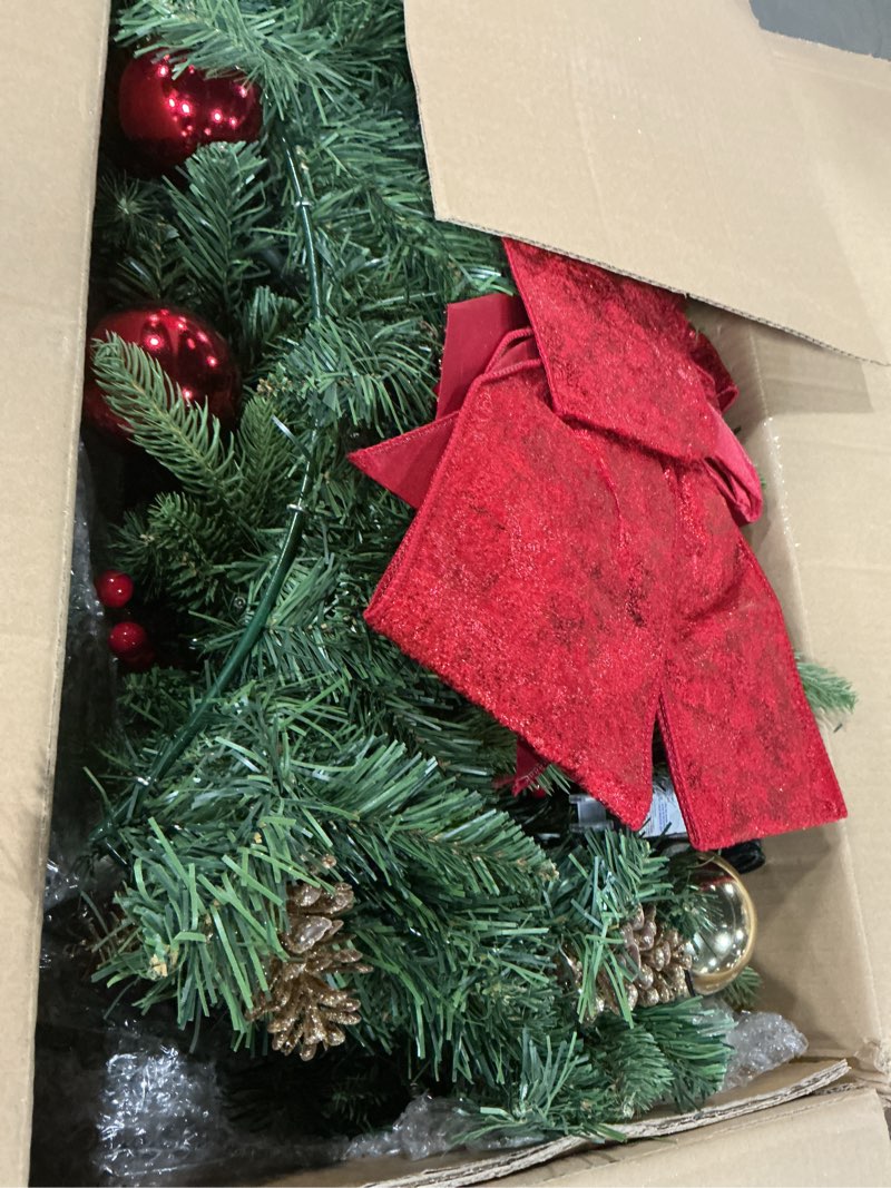 Condition photo showing Good Condition for christmas wreath - 48inch large prelit outdoor christmas wreath with lights 200led, bow, pine cones, ornaments balls - 512 pvc branch tips artificial xmas wreath for garages walls mantel frosted christmas green 48inch