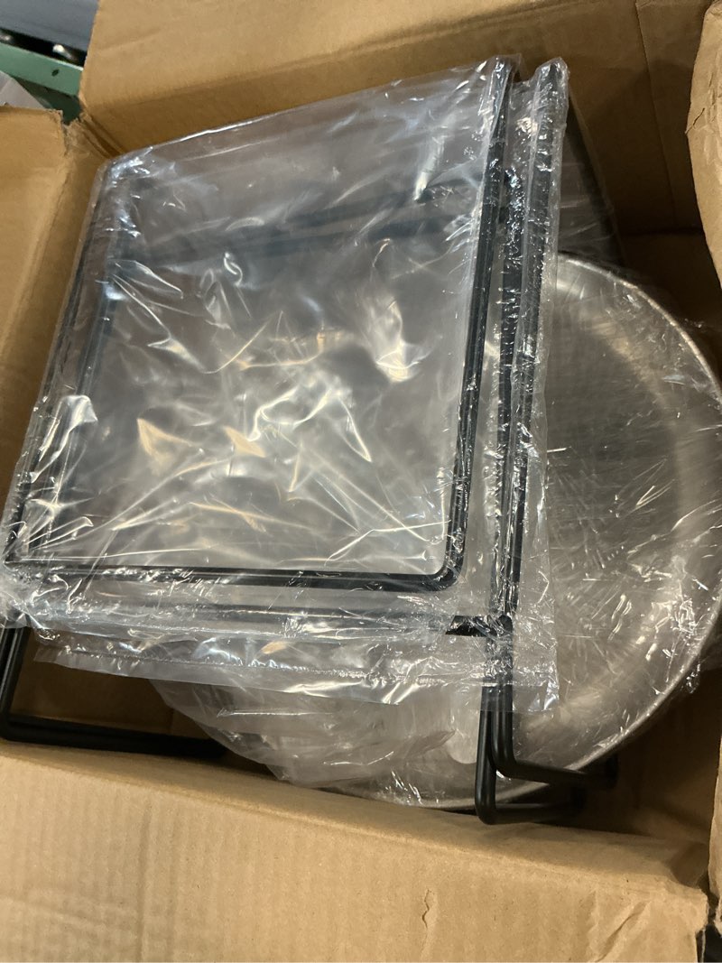 Condition photo showing New/Like New for 4 pcs pizza stand holder, black metal pizza pan display stands for buffet restaurant home, 4 pizza pan and 2 wood handle pie server