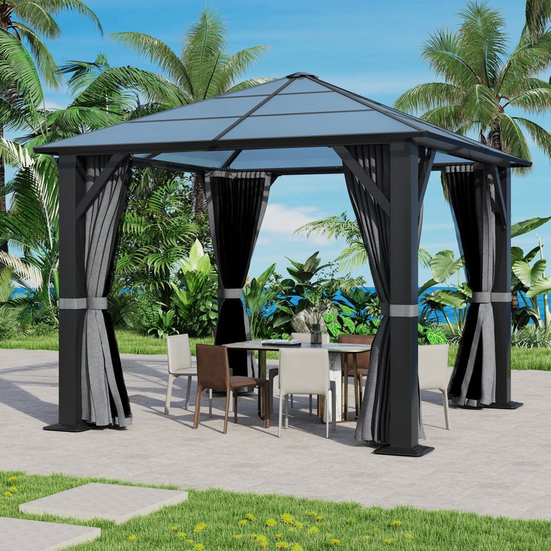 Steel Patio Gazebo - Polycarbonate Hardtop Gazebo with Curtains & Netting