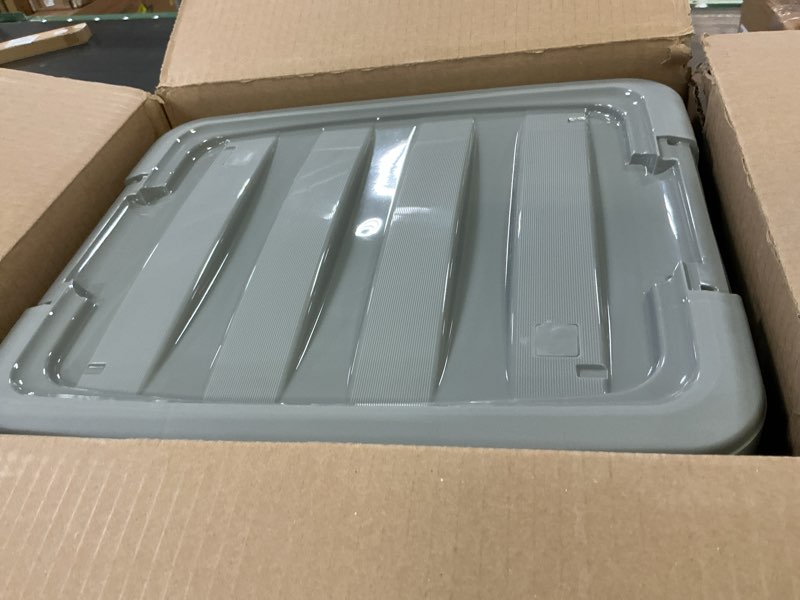 Condition photo showing Good Condition for amazon basics plastic storage containers with secure latching lids, stackable organization bins, clear/grey, 19 quart, set of 6 19 qt. - 6 pack