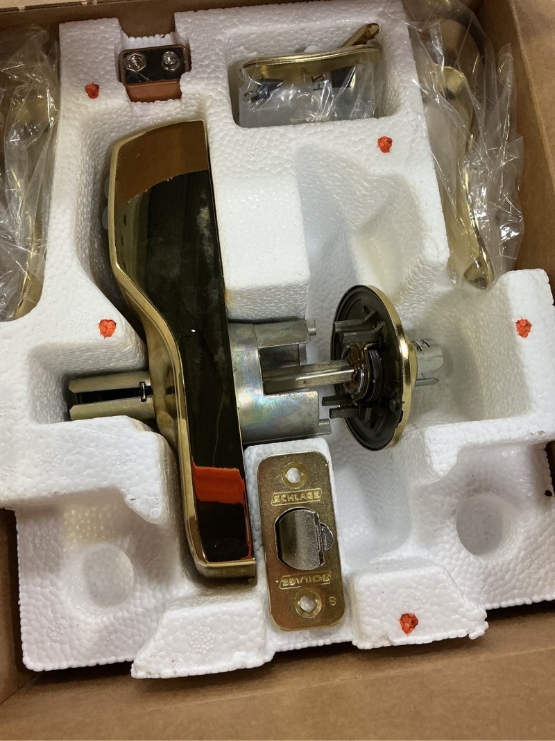 Condition photo showing As Is for schlage camelot keypad lock with lever handle, electronic keyless door entry, auto?lock enabled, bright brass, fe575 cam 505 acc bright brass accent lever camelot trim