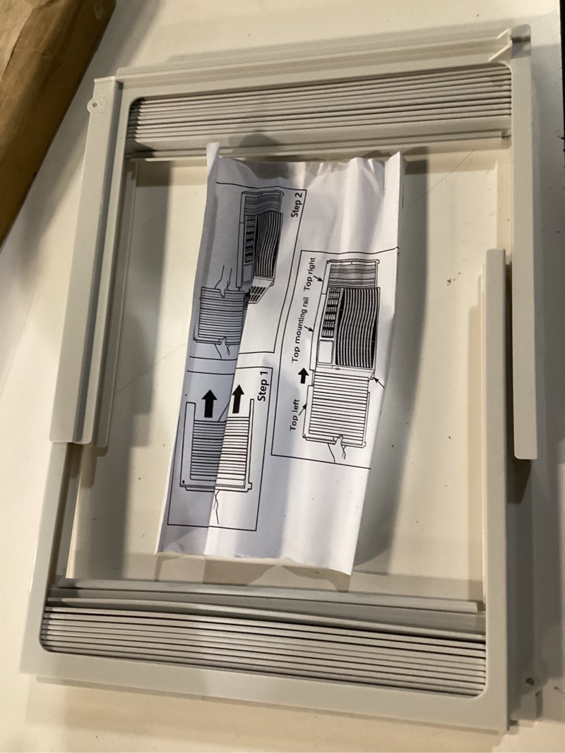 Condition photo showing As Is for window ac side panels, air conditioning louver baffle, window side panel with frame for 12,000 btu unit frame included for bedrooms, living, home.. missing hardware