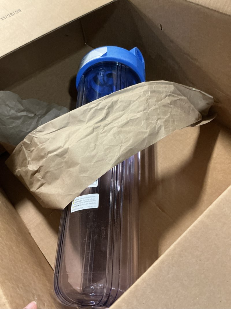 Condition photo showing Good Condition for Pentair Pentek 166201 Big Clear Filter Housing, 1" NPT #20 Whole House Heavy Duty Water Filter Housing with Pressure Relief Button, 20-Inch, Blue/Clear Clear 1" NPT Pressure Relief Filter Housing