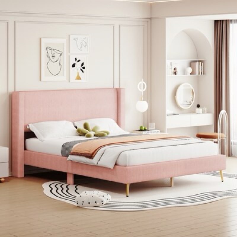 ModernLuxe Queen Size Corduroy Platform Bed with Metal Legs Pinkold
