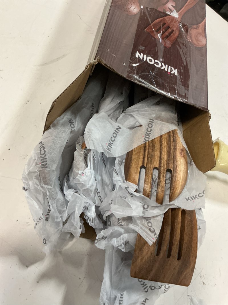 Condition photo showing Good Condition for kikcoin 10 pcs durable natural teak wooden cooking utensil set, non toxic wooden spoons for cooking, wooden utensil set for cooking with comfort grip, nonstick & easy to clean wood kitchen utensil set 10-piece set