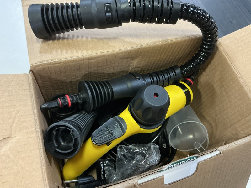 Condition photo showing As Is for pressurized handheld steam cleaner with 10pcs accessories & safety lock, multi-purpose & powerful home use steamer for cleaning, car, bathroom, shower, upholstery, grout, window (black)