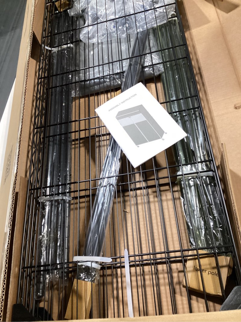 Condition photo showing New/Like New for raybee rolling clothes rack with cover, portable closet for bedroom, dorm | heavy duty, tool-free assembly, adjustable, lockable wheels, 2 rods 3 shelves, 2-tier for saving space, hanging 150+ garment black