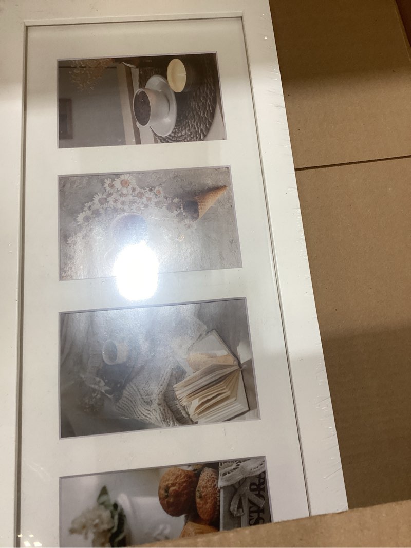 Condition photo showing New/Like New for Golden State Art, 8x20 Picture Frame, White, Collage Frame Display Four 4x6 Photos, Horizontal or Vertical, HD Tempered Glass, Real Wood Molding, Wall Hanging, 1 Pack 1 Pack White