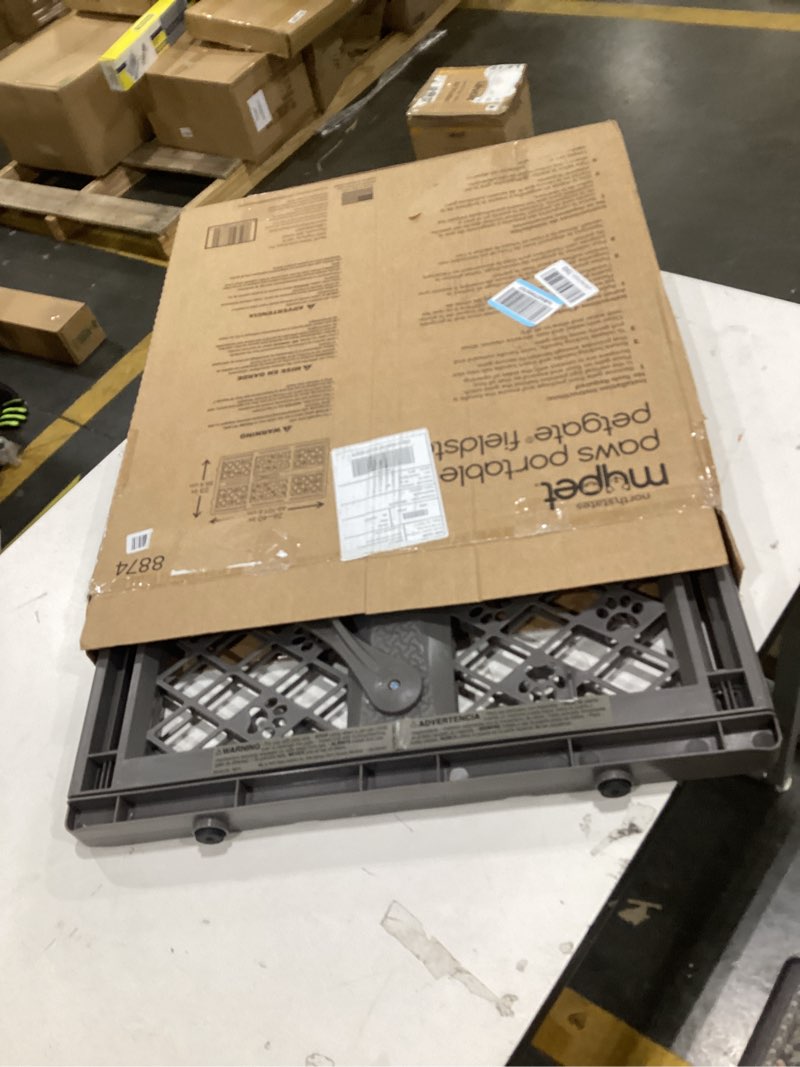 Condition photo showing As Is for MYPET North States Paws Portable Pet Gate: 26-40" Wide. Pressure Mount. No Tools Needed. Made in USA, 23" Tall, Expandable, Durable Dog Gates for Doorways, Fieldstone Gray