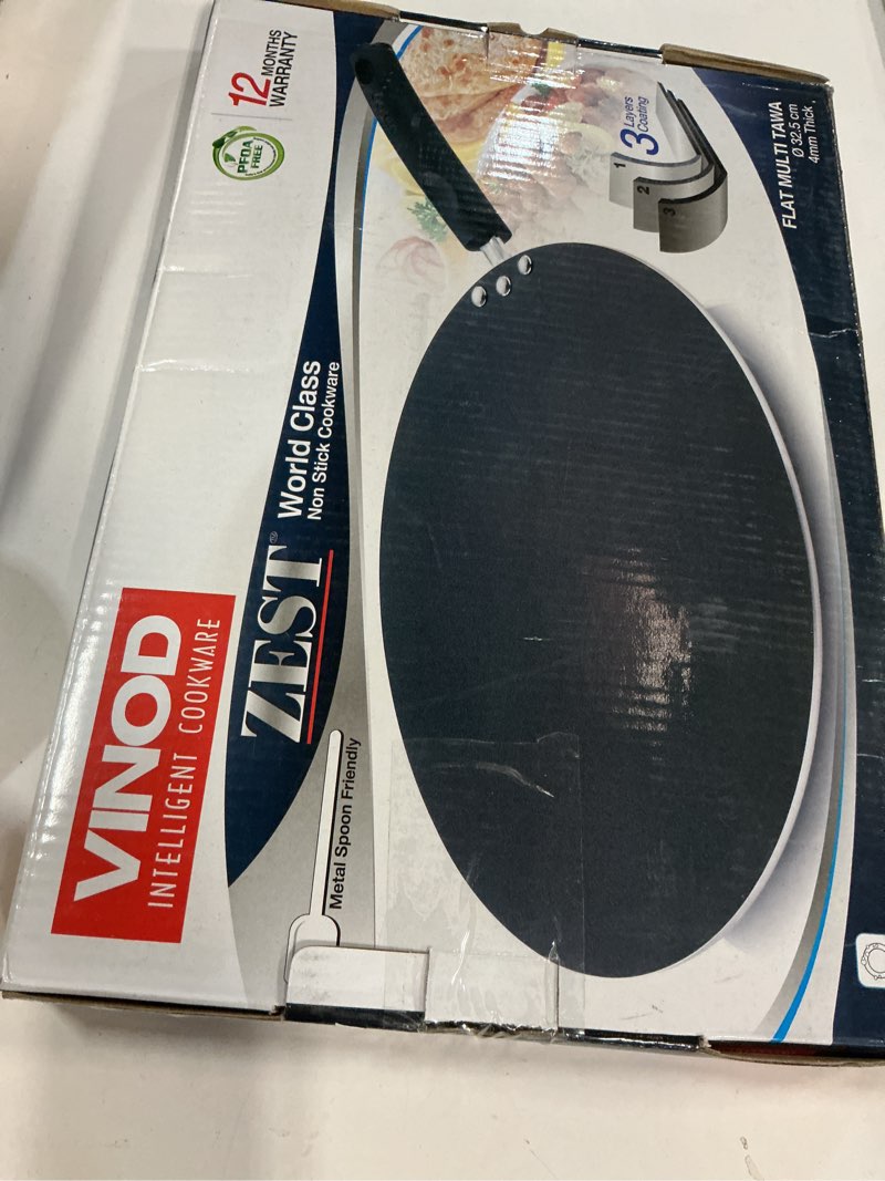 Condition photo showing Good Condition for Vinod Cookware Flat Multi Cooking Griddle (Tawa) with Induction Base - 100% Aluminum Non Stick Pan with Anti Scratch Surface - Flat Multi Use Crepe Pan - (13 IN / 32.5 CM) 32.5 cm Induction - Non Stick
