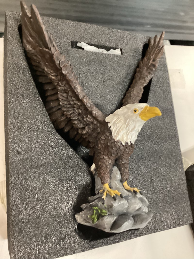 Condition photo showing New/Like New for realistic 11’’ bald eagle figurine outdoor flag pole topper wildlife national bird flagpole top ornament wings of glory american emblem freedom sculpture as patriotic home and flag light decor