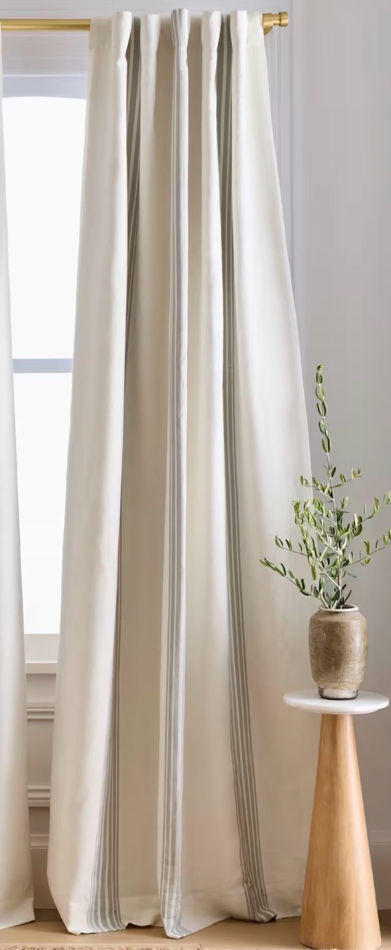 quince coastal stripe linen cotton room darkening curtisn single panel 48”x96” ivory/sage green
