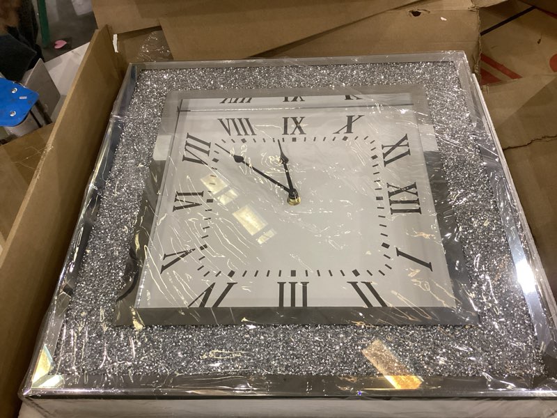 Condition photo showing New/Like New for DMDFIRST Crystal Crush Diamond Mirrored Square Wall Clock with Sparkle Twinkle Bling Decor for Decoration, 16x16 inch Decorative Silver Mirror Quartz Home Decor. AA Battery not Included Bling Silver