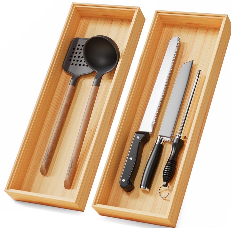 long bamboo kitchen drawer organizer boxes – 17" x 6" stackable wood silverware utensil tray for drawers bins cutlery & flatware storage – wooden pantry organizers set of 2 for junk drawer bathroom rv