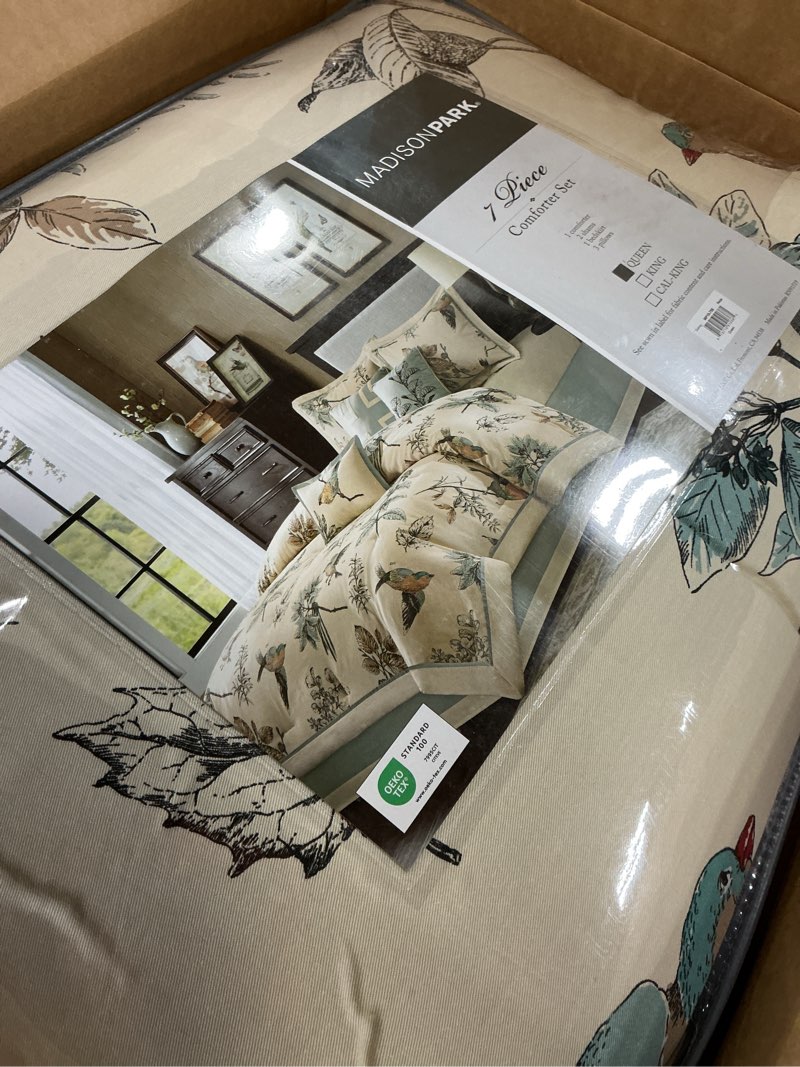 Condition photo showing Good Condition for Madison Park Quincy Cozy Comforter Nature Scenery Design - All Season Bedding, Matching Bed Skirt, Decorative Pillows, Quincy, Leaf & Bird Khaki Queen(90"x90") 7 Piece