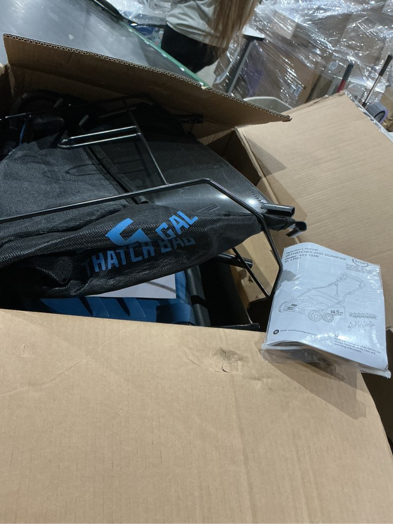Condition photo showing As Is for (similar)vevor 2-in-1 electric dethatcher and scarifier, 16-inch 15 amp, corded lawn dethatcher with 14.5-gallon thatch collection bag, 5-position depth adjustment, walk behind machine for garden yard grass