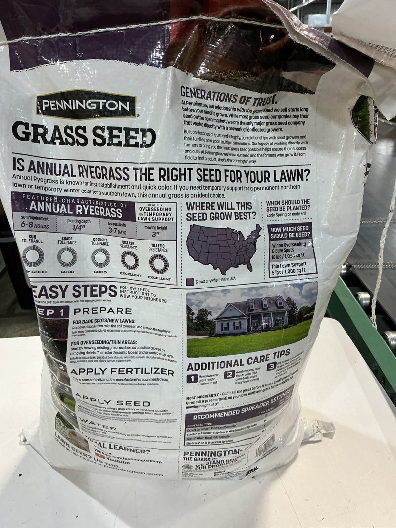Condition photo showing New/Like New for pennington annual ryegrass grass seed  for sun to partial shade  20 lb.