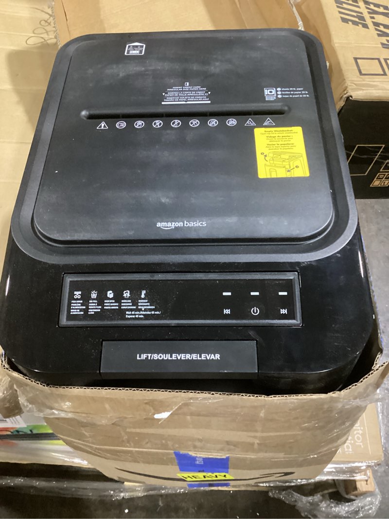 Condition photo showing As Is for amazon basics 200-sheet auto feed cross-cut paper shredder, high security p-4, anti-jam, 8.5 gallon pullout bin, black 200 sheet black