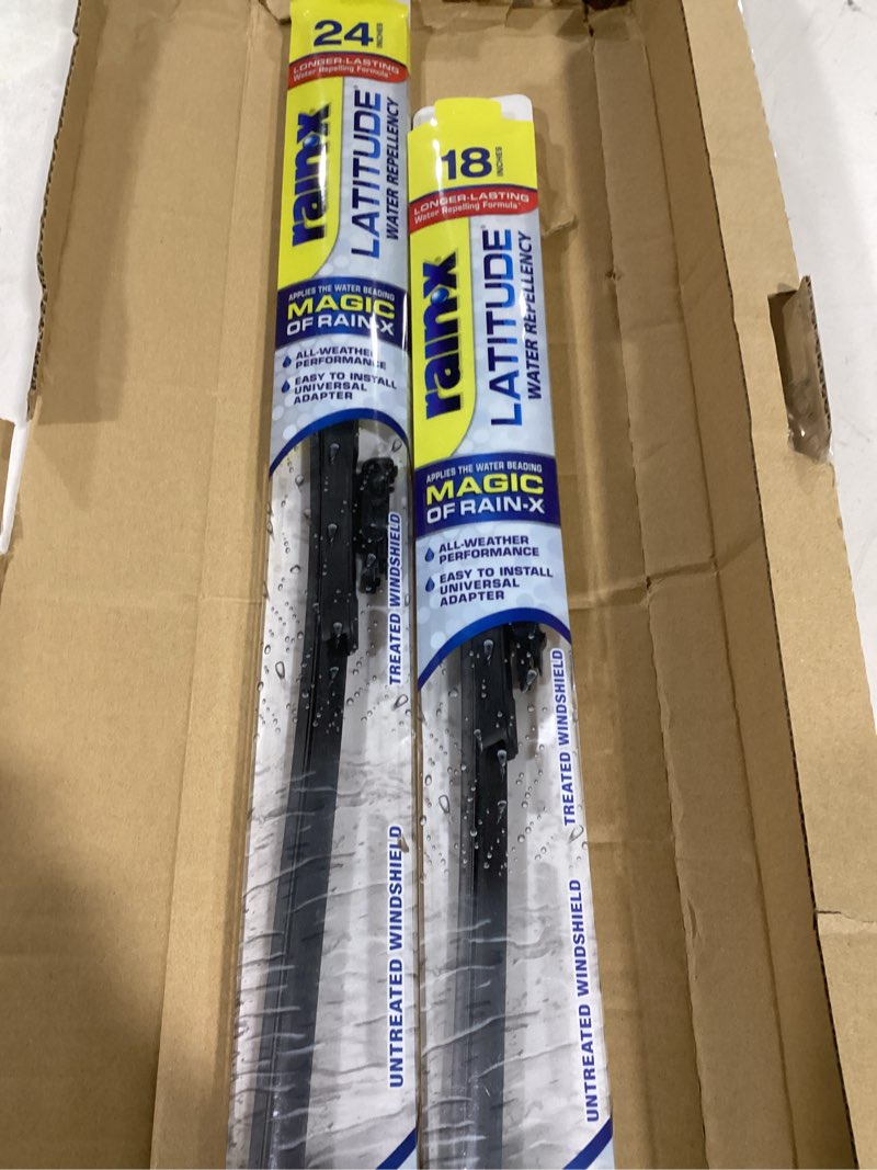 Condition photo showing As Is for rain-x 810164 repellency water repellent wiper blades, 24" & 18" windshield wipers, all weather streak-free for enhanced visibility w/ water repellency formula 24" and 18" latitude repellency