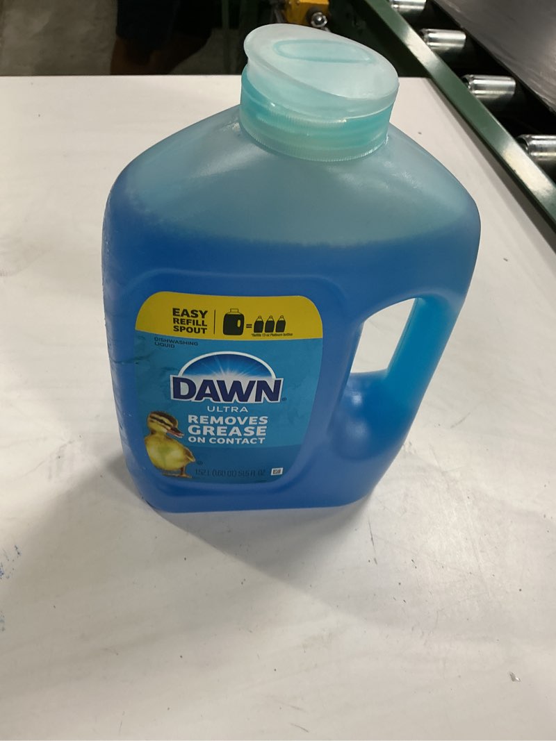 Condition photo showing As Is for dawn ultra original dish soap refill jug, large size original blue liquid dishwashing detergent, powerful dawn dish soap for grease, 51.5 oz