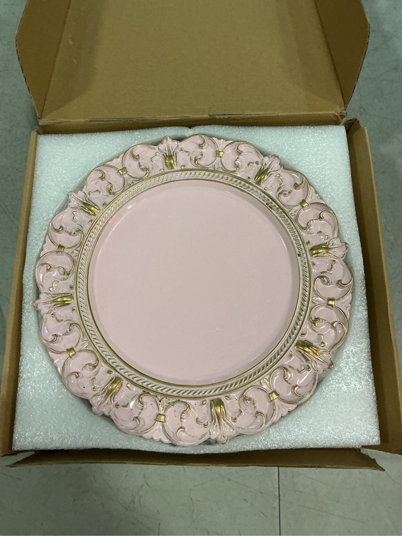 Condition photo showing New/Like New for pink charger plates, 13 inch plate chargers for dinner plates. set of 6 plastic embossed charger for dinner, party, wedding.