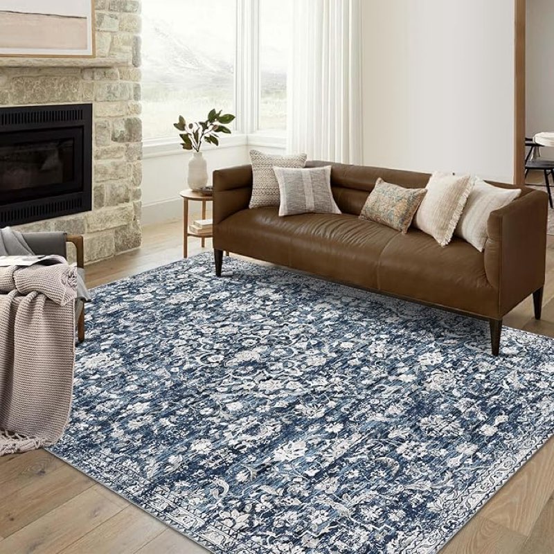 caromio 10 x 3  area rug large machine washable area rug vintage distressed floral accent rug stain resistant non-slip carpet retro medallion floor cover rug for living room home decor, navy