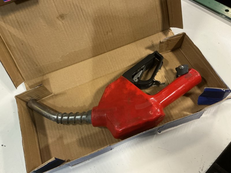 Condition photo showing As Is for black 3/4"inch npt automatic shut-off fuel nozzle with hook+filter fuel refilling tool used for diesel,gasoline,kerosen (13/16"spout max flow rate 16 gpm) 3/4"automatic (hook)