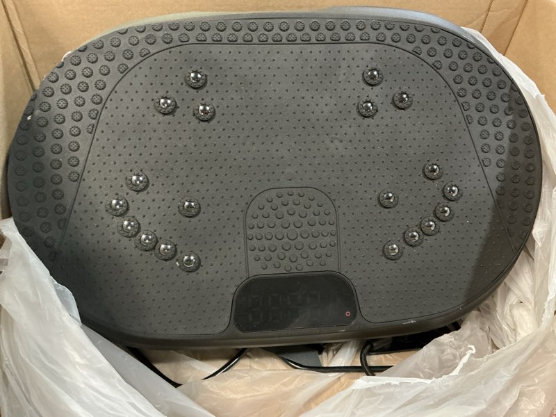 Condition photo showing As Is for vibration plate exercise machine, vibrating fitness platform for lymphatic drainage, full body shaker workout equipment, bluetooth power shaping vibrate plate, board sport for home exercise gym black