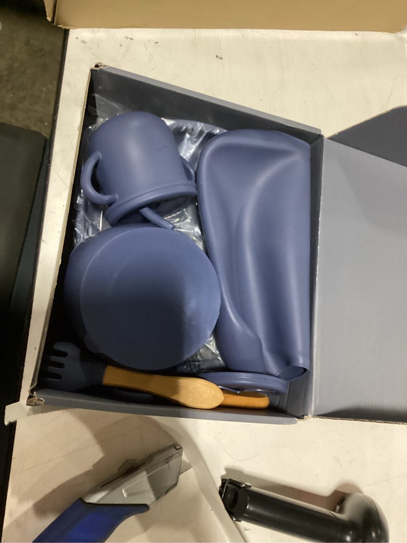 Condition photo showing New/Like New for 100% silicone baby feeding set, bpa free baby dishes with suction bowl, divided plate, toddler self feeding dish set with spoons, forks, sippy cup and bib, baby eating utensils (navy blue)