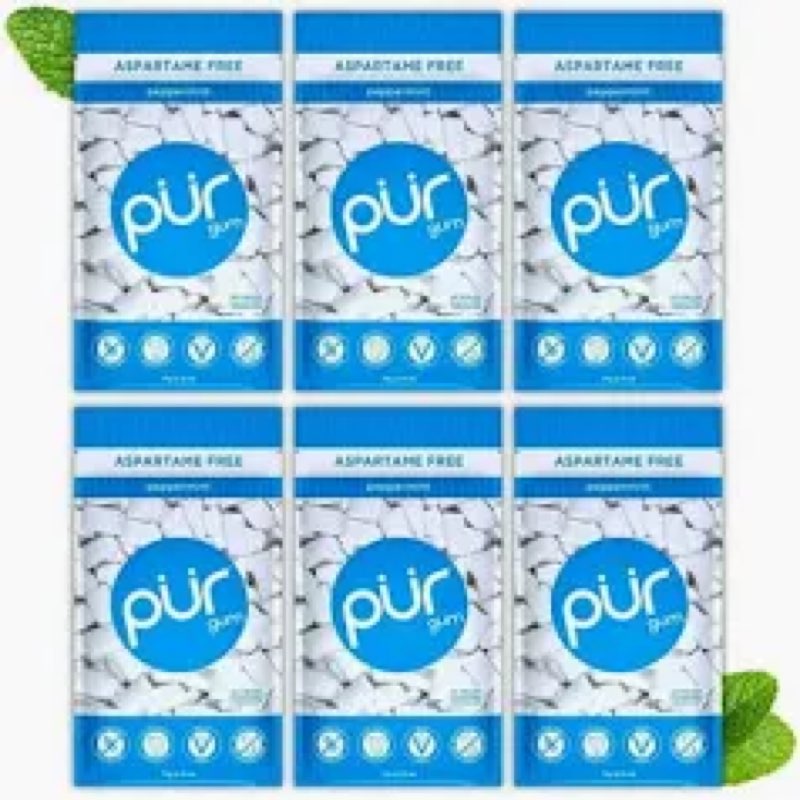pur gum | aspartame free chewing gum | 100% xylitol | natural peppermint flavored gum, 55 pieces  ( bb: 03/may 2028) (total pack of 6)