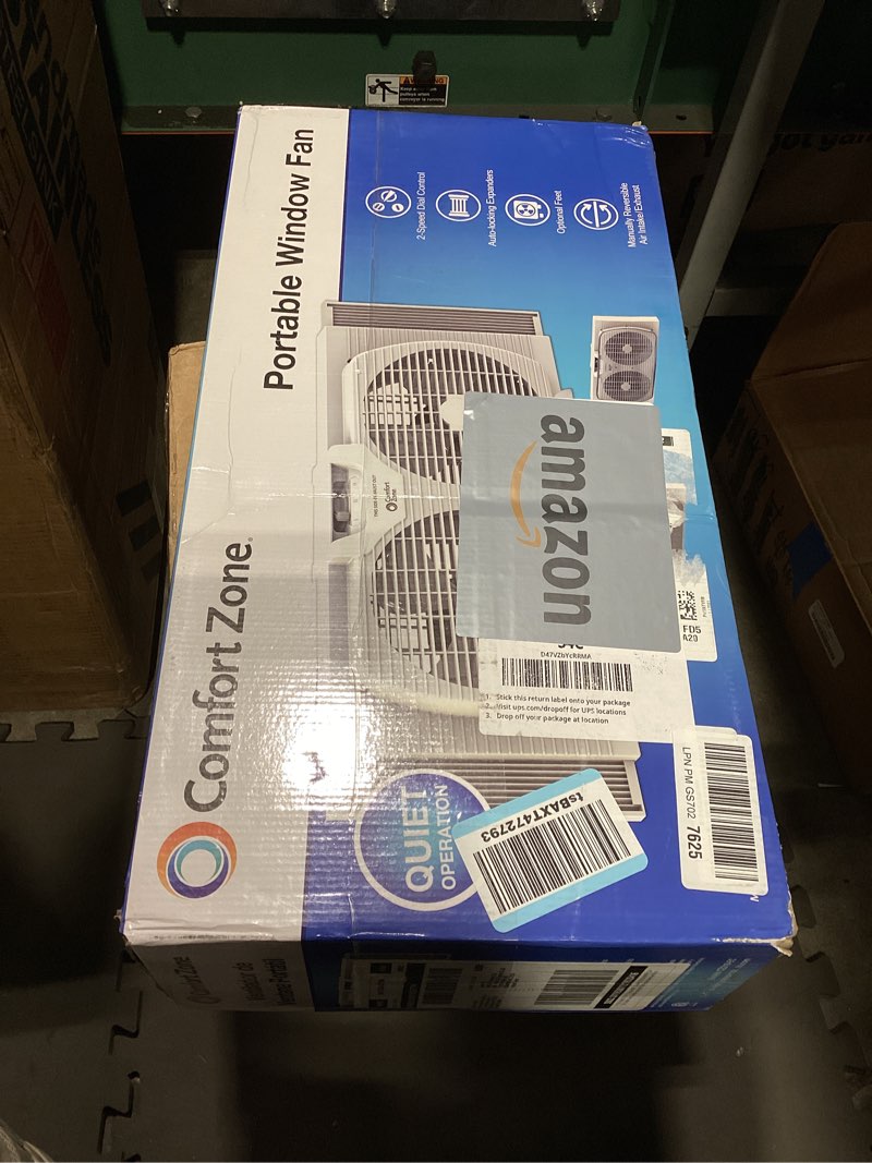 Condition photo showing Good Condition for comfort zone twin window fan with reversible airflow control, 9 inch, auto-locking expanders, 2 speed fan, dual fan, exhaust, airflow 9.84 ft/sec, ideal for home, kitchen, bedroom & office, cz319wt white 9"