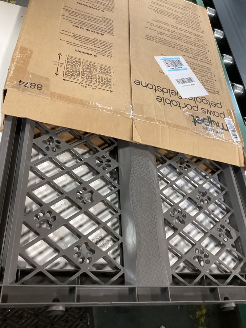 Condition photo showing New/Like New for mypet north states paws portable pet gate: 26-40" wide. pressure mount. no tools needed. made in usa, 23" tall, expandable, durable dog gates for doorways, fieldstone gray