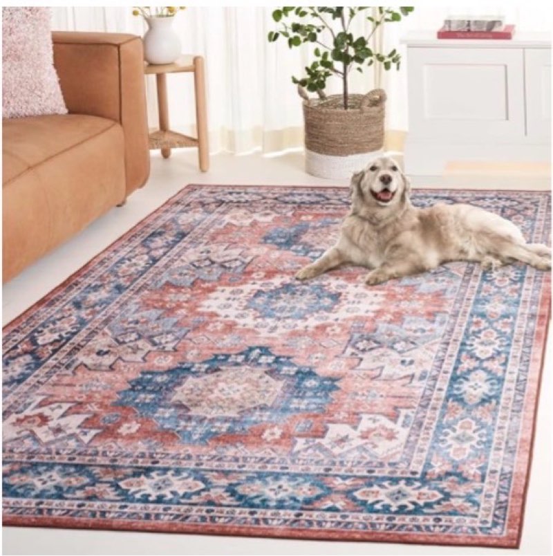 Safavieh Washable Rug Arizona Collection - 8' x 10', Blue & Rust, Slip Resistant & Easy to Clean, Ideal for Living Room, Bedroom, Home Office, Dining Space (ARZ512M
