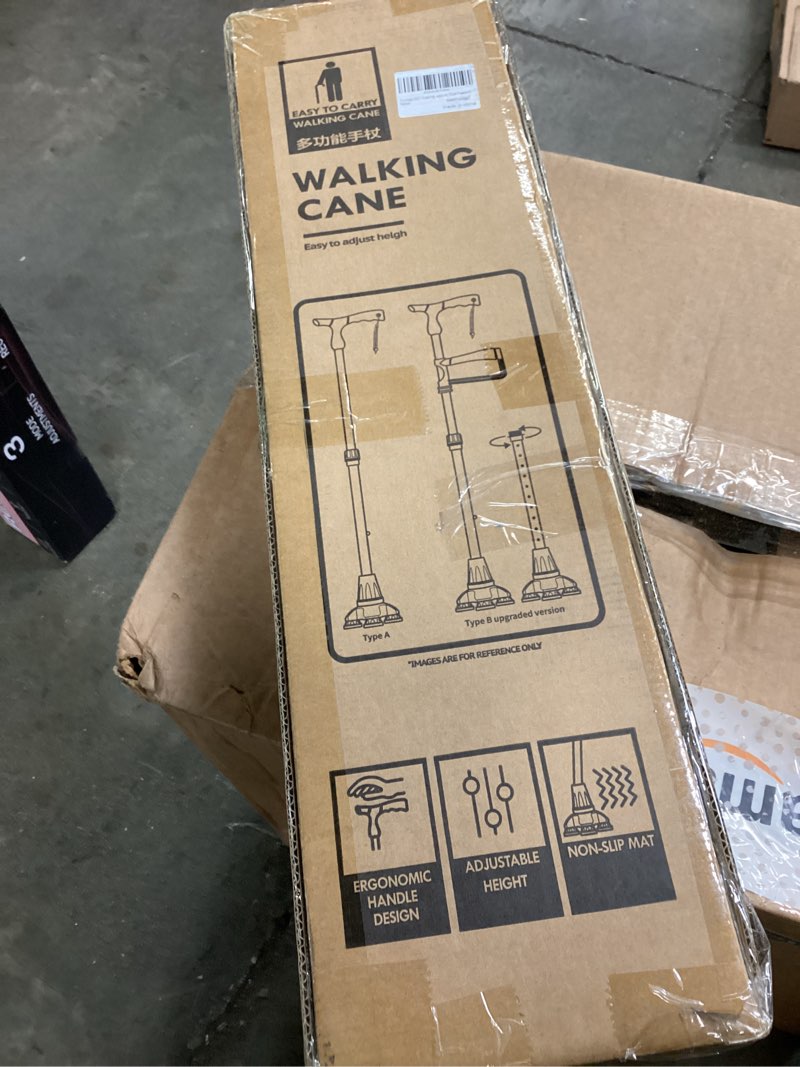 Condition photo showing New/Like New for folding walking cane with 360° assist handle, adjustable 26.4"-35.4" height (10 levels), 4-leg anti-slip base & single tip, lightweight 1.1lbs walking stick for seniors, ergonomic grip & safety strap