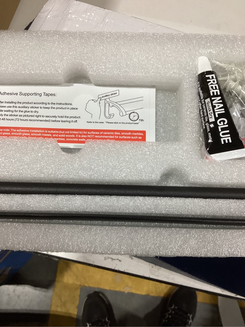 Condition photo showing New/Like New for VOLPONE Glass Bathroom Shelf with Towel Bar 15.7in Bathroom Wall Shelves Rustproof Metal Bathroom Wall Organizer 2-Tier (Black) 2 tier with towel bar black