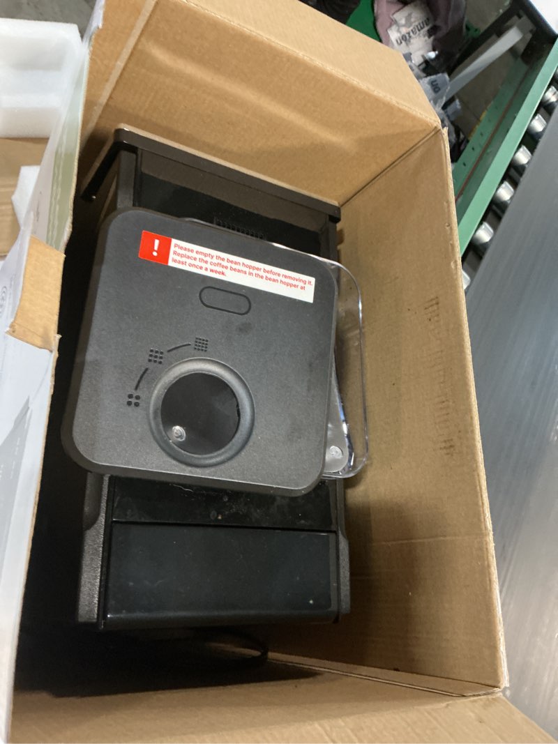 Condition photo showing As Is for coffee maker with grinder, programmable hot and cold coffee maker with 22 oz glass carafe, fully automatic coffee machine with timer, removable filter, black americano coffee machine