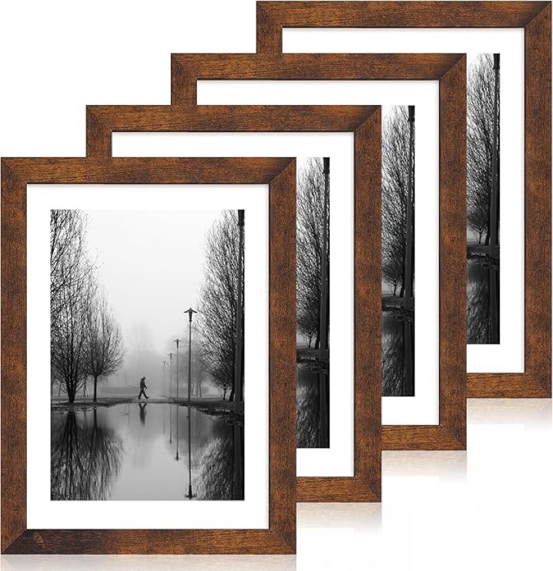 irahmen 10x14 picture frame set of 4 with tempered glass, rustic frame display 8x12 pictures with mat or 10 x 14 without mat, wooden photo frames for wall mounting brown 10x14